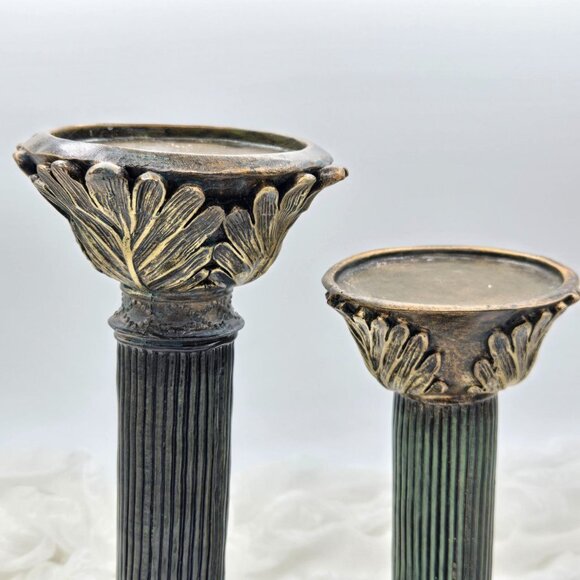 Set of 3 Roman Style Candlesticks | Vintage Green & Gold Pillar Candle Holders - Picture 8 of 12